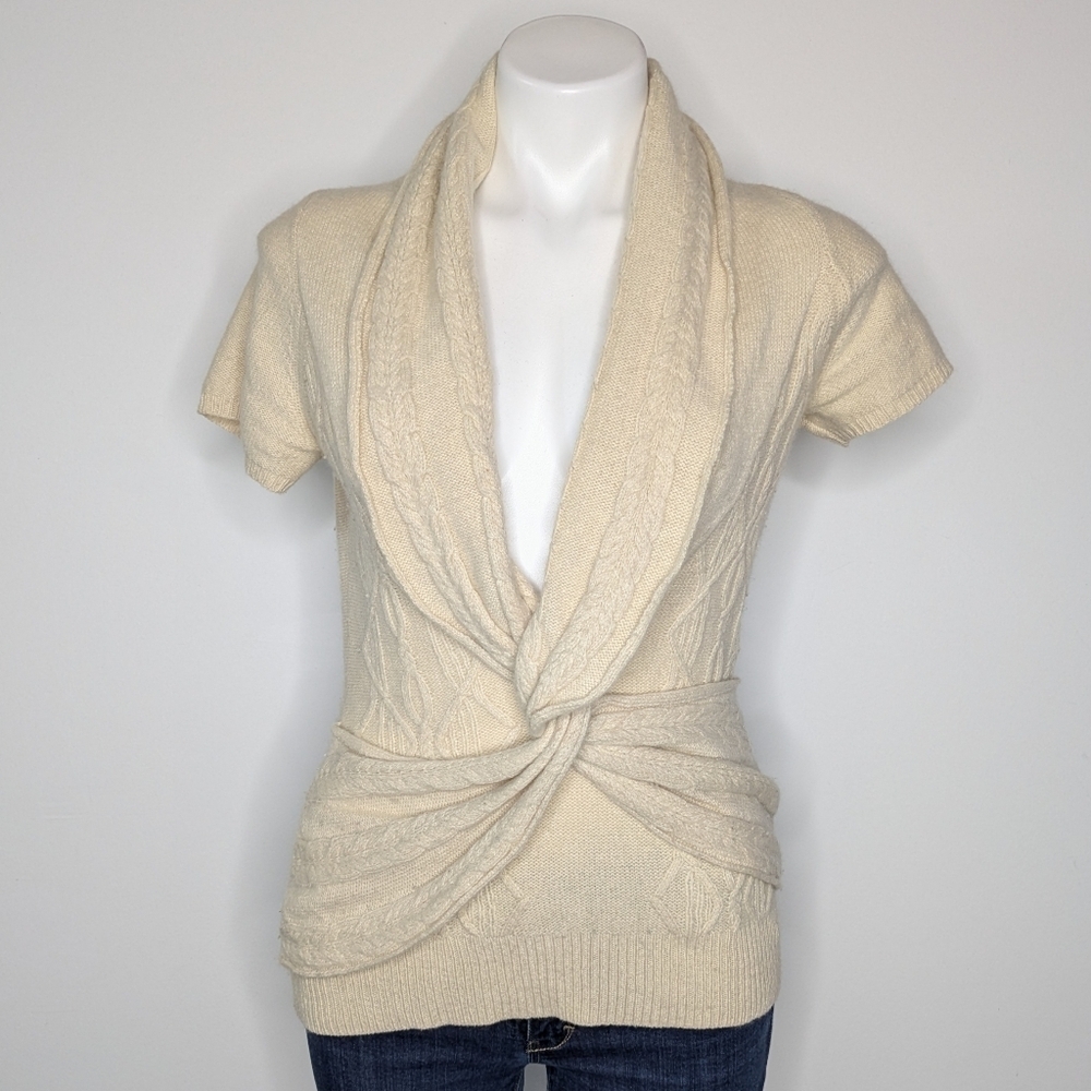 Anthro Sleeping On Snow Cream Wool Blend V Neck Twist Short Sleeve Sweater XS